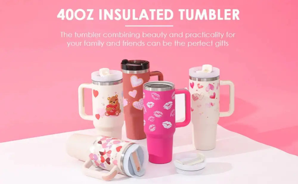 Pink insulated Arbaglobal 40 oz tumbler with handle lid and red lipstick print pattern for beverage use