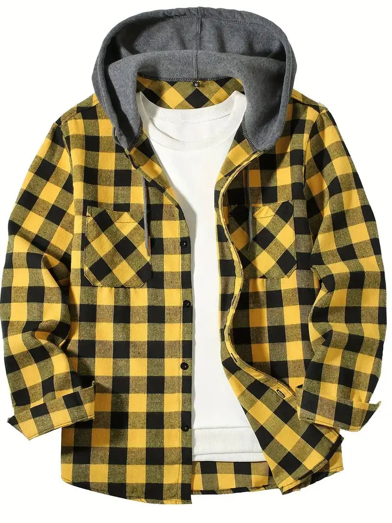 Men’s plaid hooded flannel shirt in yellow and black with a gray fleece-lined hood and soft flannel material.
