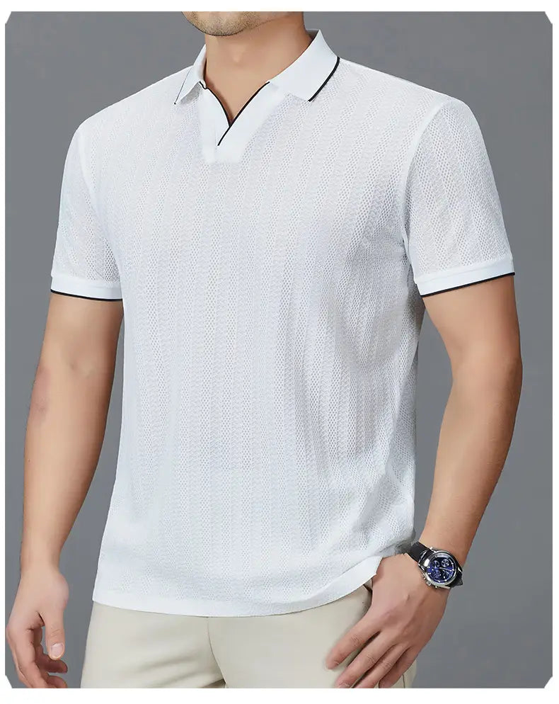 Men’s textured ice silk white short-sleeve polo shirt with black trim on collar and sleeve cuffs