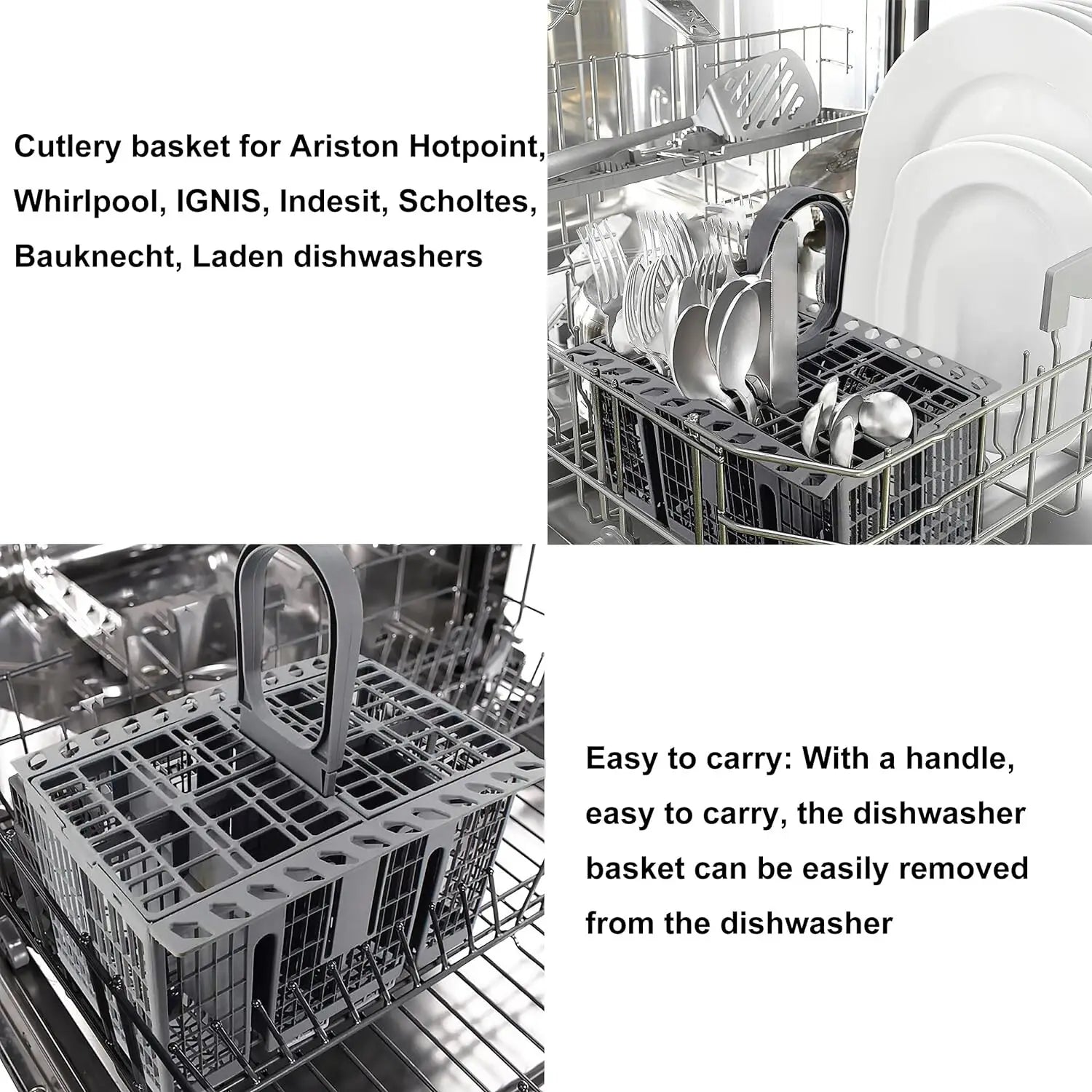 gray plastic dishwasher cutlery basket with handle designed for use in hotpoint indesit ariston and whirlpool dishwasher models