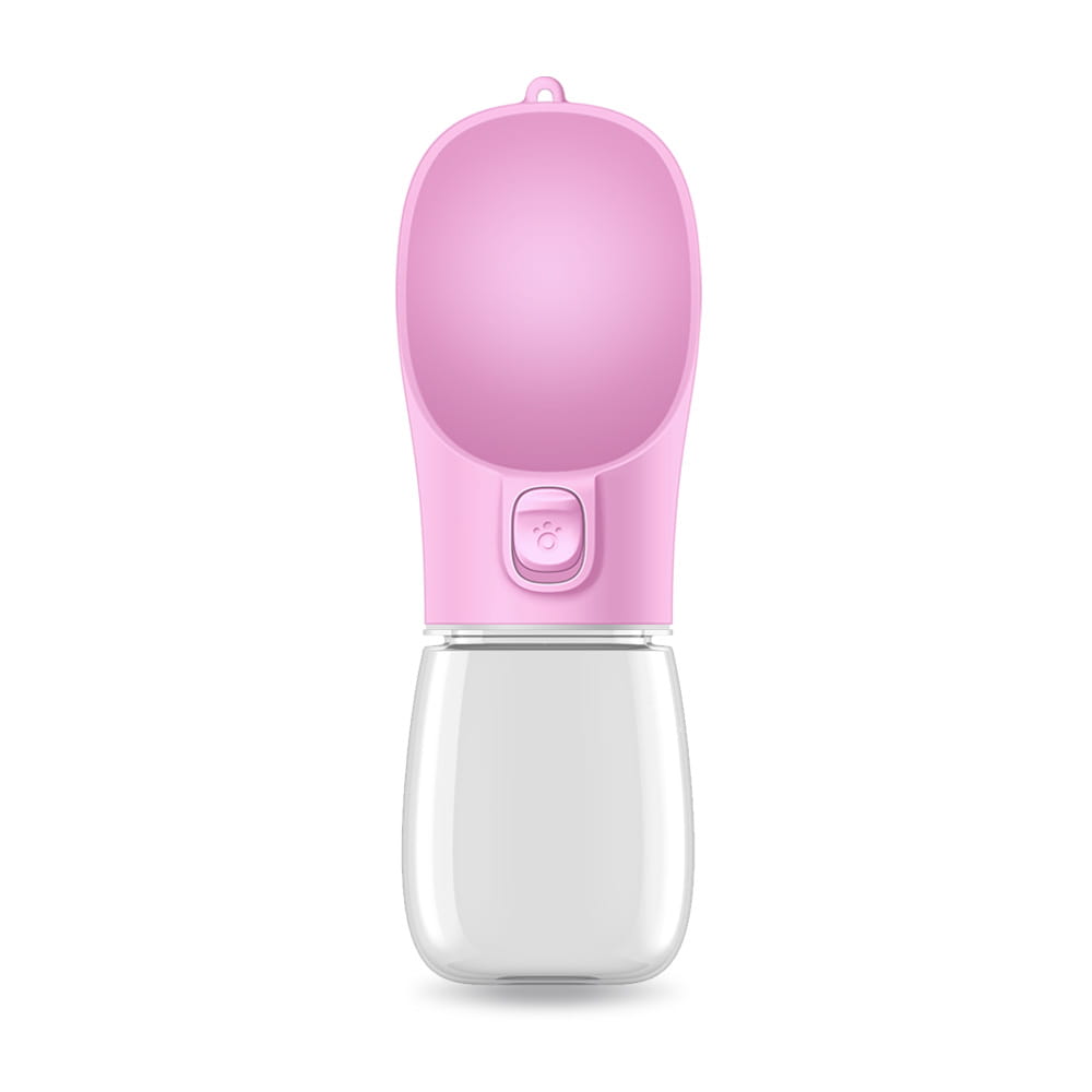 Pink silicone pet water bottle with a clear plastic reservoir and a paw-print button designed as a portable travel cup available in 350ml and 550ml sizes.