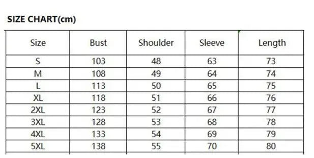 Size chart displaying measurements in centimeters for men tweed trench coat stand collar casual jacket in sizes s through 5xl.