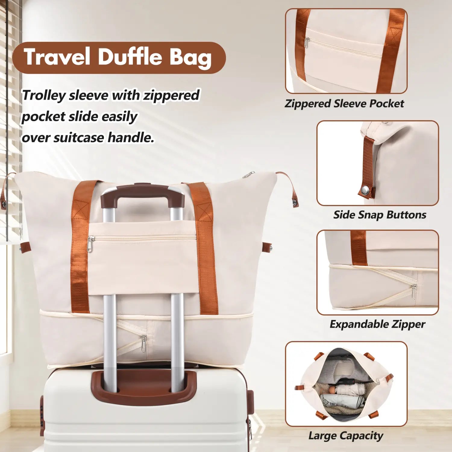 Cream-colored travel duffle bag with brown leather-like straps and handles featuring a trolley sleeve pocket for suitcase attachment in the vintage 24 inch hardshell luggage set with TSA lock in white.