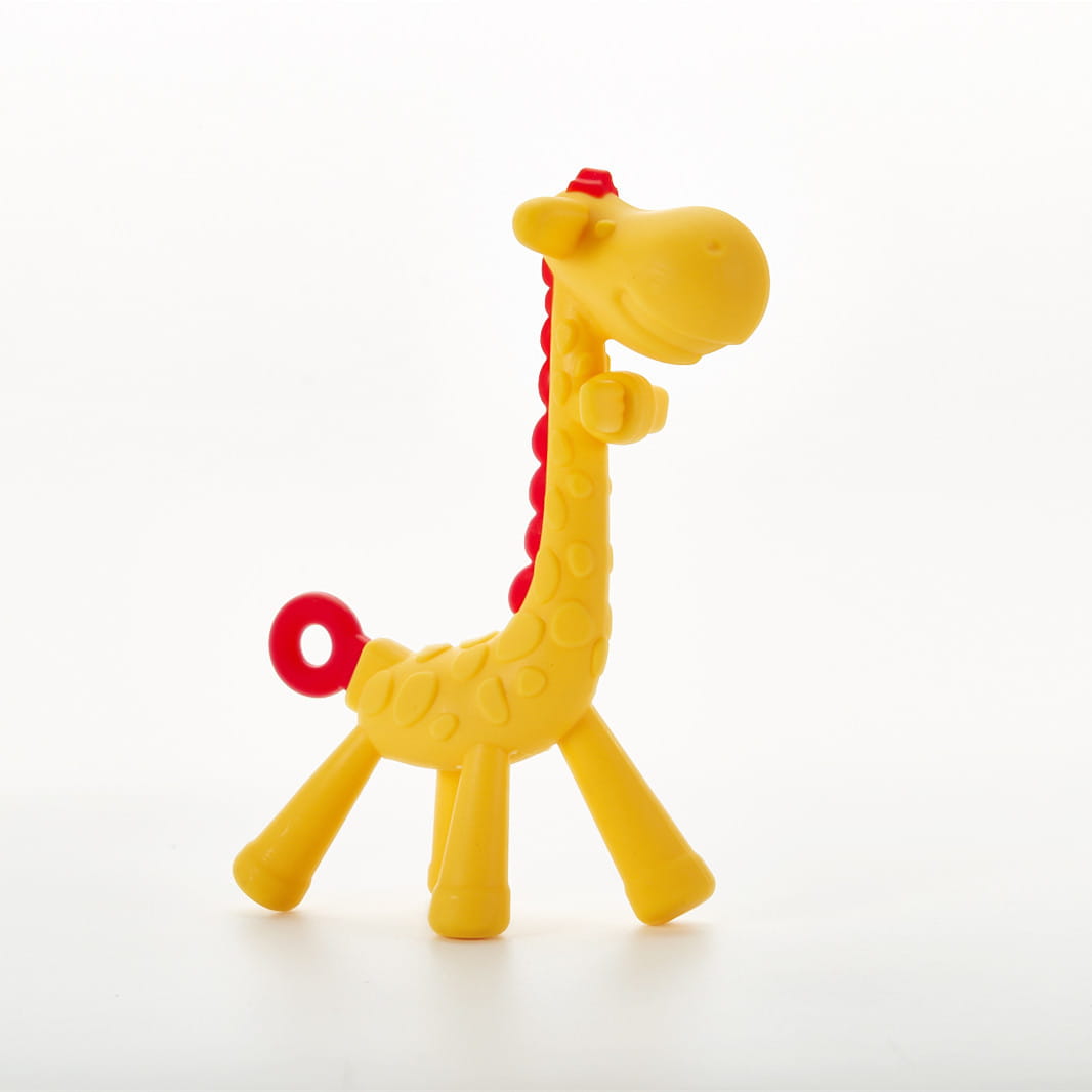 yellow silicone giraffe baby teether molar toy with red accents on the neck tail ring and head designed for soothing gums.