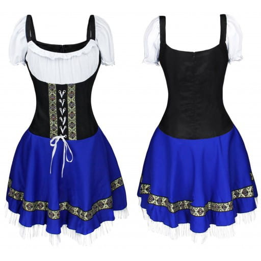 Robe dirndl de style bavarois à corset pour Halloween pour femme, en noir et bleu royal, avec des manches blanches à volants, une bordure en dentelle dorée le long de l’ourlet de la jupe, et un détail de laçage à l’avant.