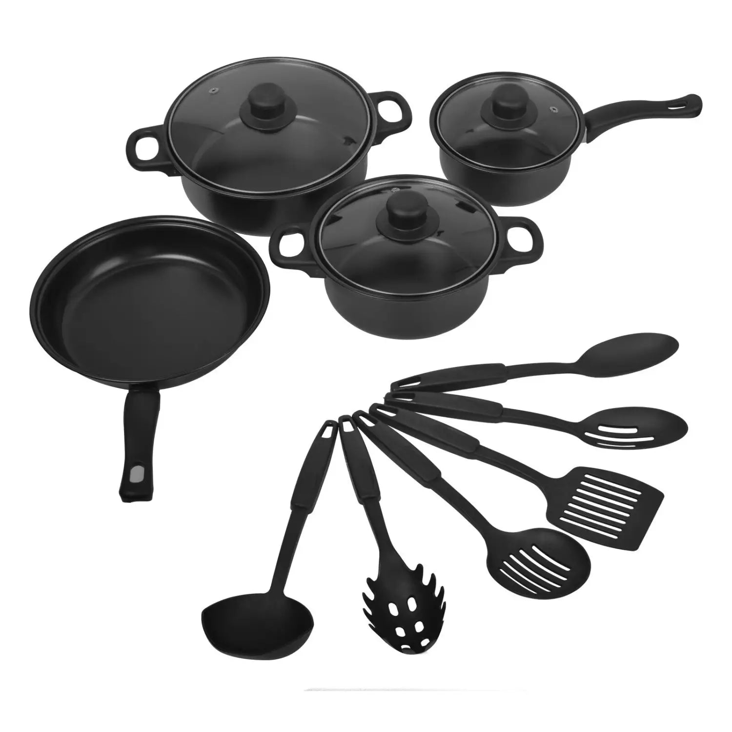 Black non-stick cookware set with glass lids and matching silicone utensils featuring 13 pieces for versatile kitchen use.
