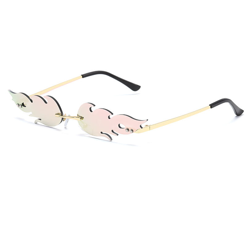 Metallic flame gemstone sunglasses feature gold-rimmed frames with flame-shaped iridescent pink gradient lenses and black temple tips.