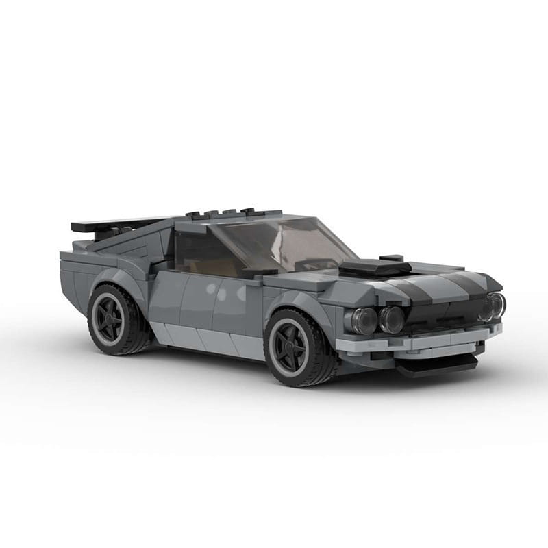 Gray lego-built Ford Mustang Boss 302 muscle car with black racing stripes and a detailed hood scoop made of 296 building blocks.