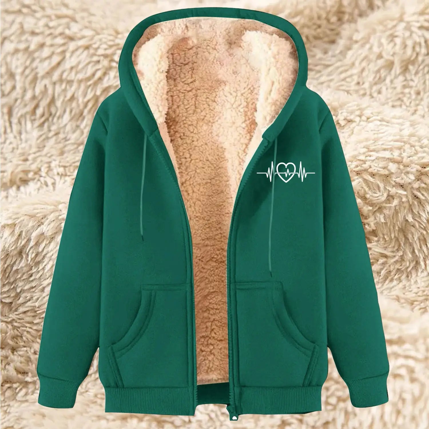 Men’s green zip-up hoodie with plush beige sherpa lining and white heart-shaped heartbeat embroidery on the left chest designed for winter use.