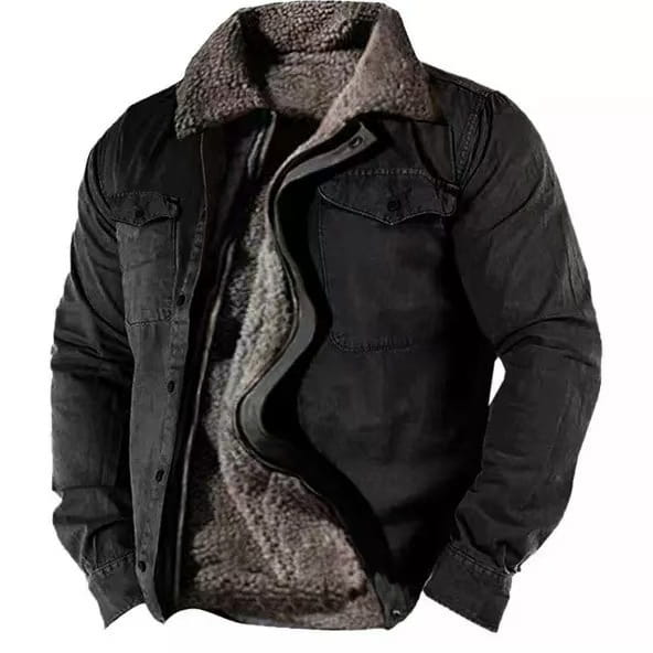 Veste en denim noir pour homme, doublée de polaire, avec un col en shearling gris duveteux et doublure intérieure.