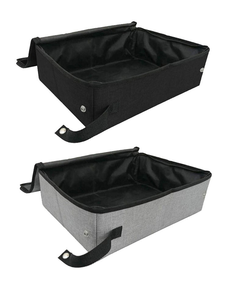 foldable waterproof gray fabric cat litter box with black and gray fabric storage bins featuring reinforced corners snap-button closures and detachable handles.