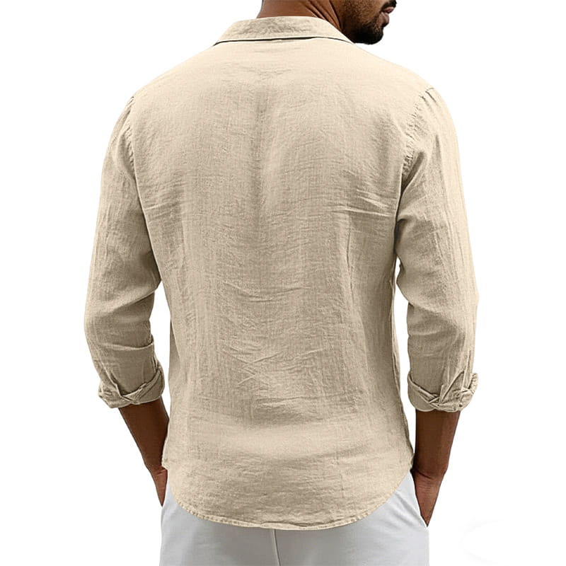 Beige slim fit men’s long sleeve linen blend casual shirt with rolled cuffs and classic collar.
