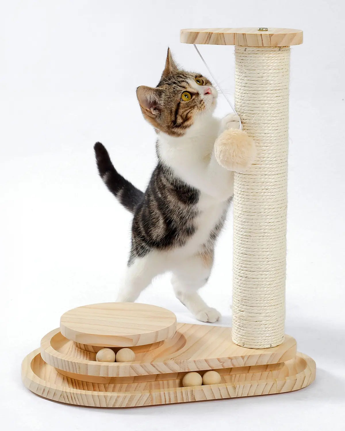 Un griffoir pour chat en bois clair, avec une colonne enveloppée d’une corde texturée et des plateformes circulaires en bois, conçu pour griffer et jouer.