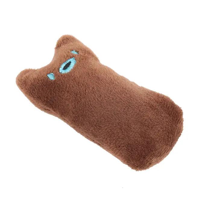 Coussin pelucheux marron de jouet à base de cataire en forme de chat, avec des yeux bleus brodés, conçu pour le jeu interactif avec le chat.