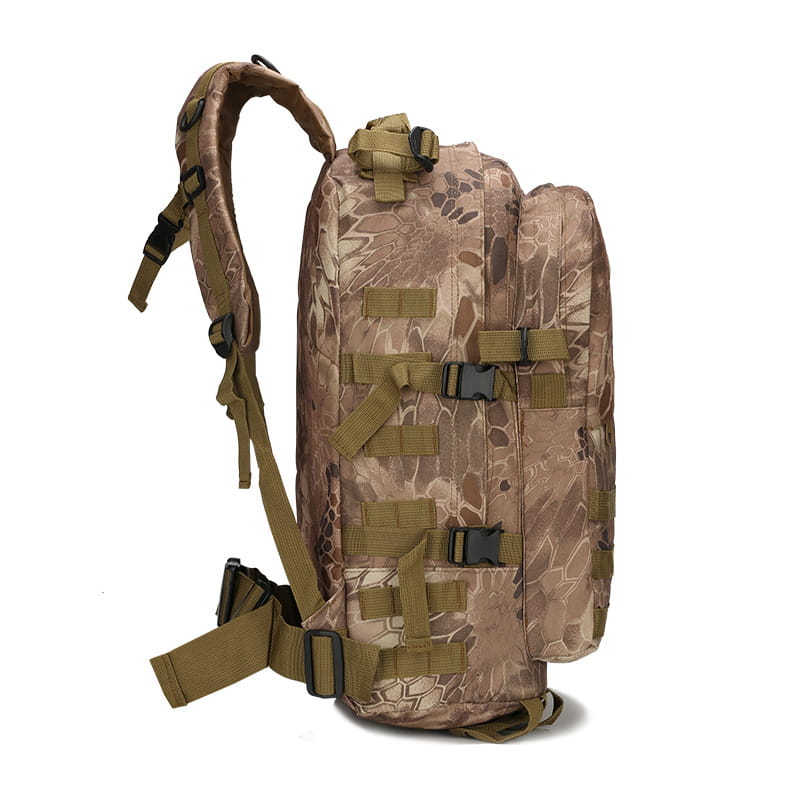 Tactical camouflage mountaineering backpack in tan and brown with multiple adjustable straps and black plastic buckles designed for hiking.