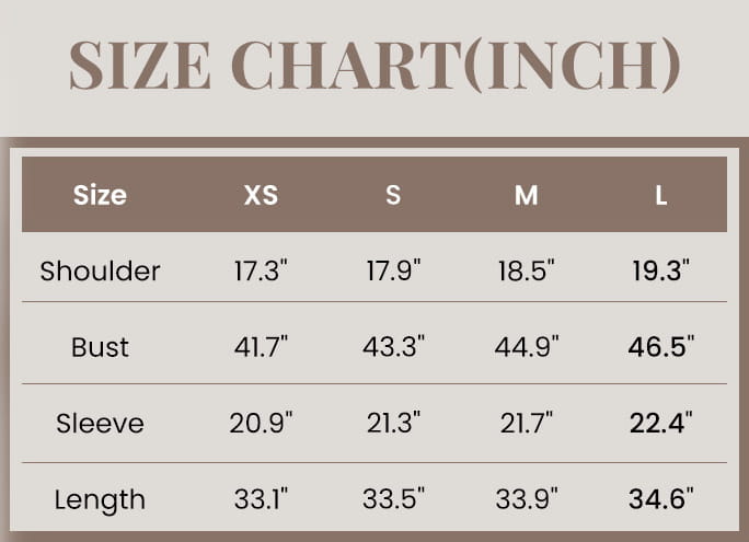 Size chart in beige with dark brown headers and black text listing shoulder bust sleeve and length measurements for sizes xs to l of the lantern sleeve patch pocket denim shirt dress.