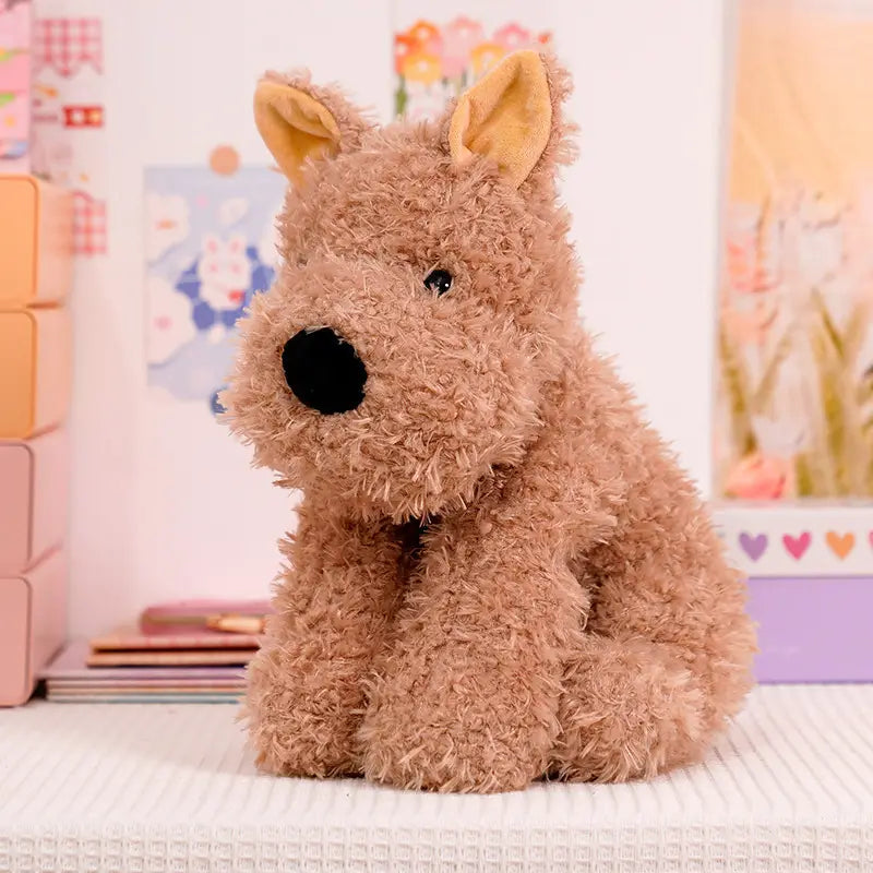 A plush dog stuffed animal toy with fluffy tan soft textured fur and a black nose measuring 23 to 40 centimeters.