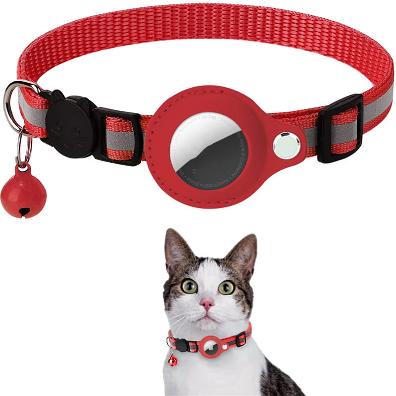 Collier pour chat en tissu tissé réfléchissant, avec Airtag, couleur rouge, boucle de sécurité en plastique noir et support circulaire rouge en silicone pour traceur.