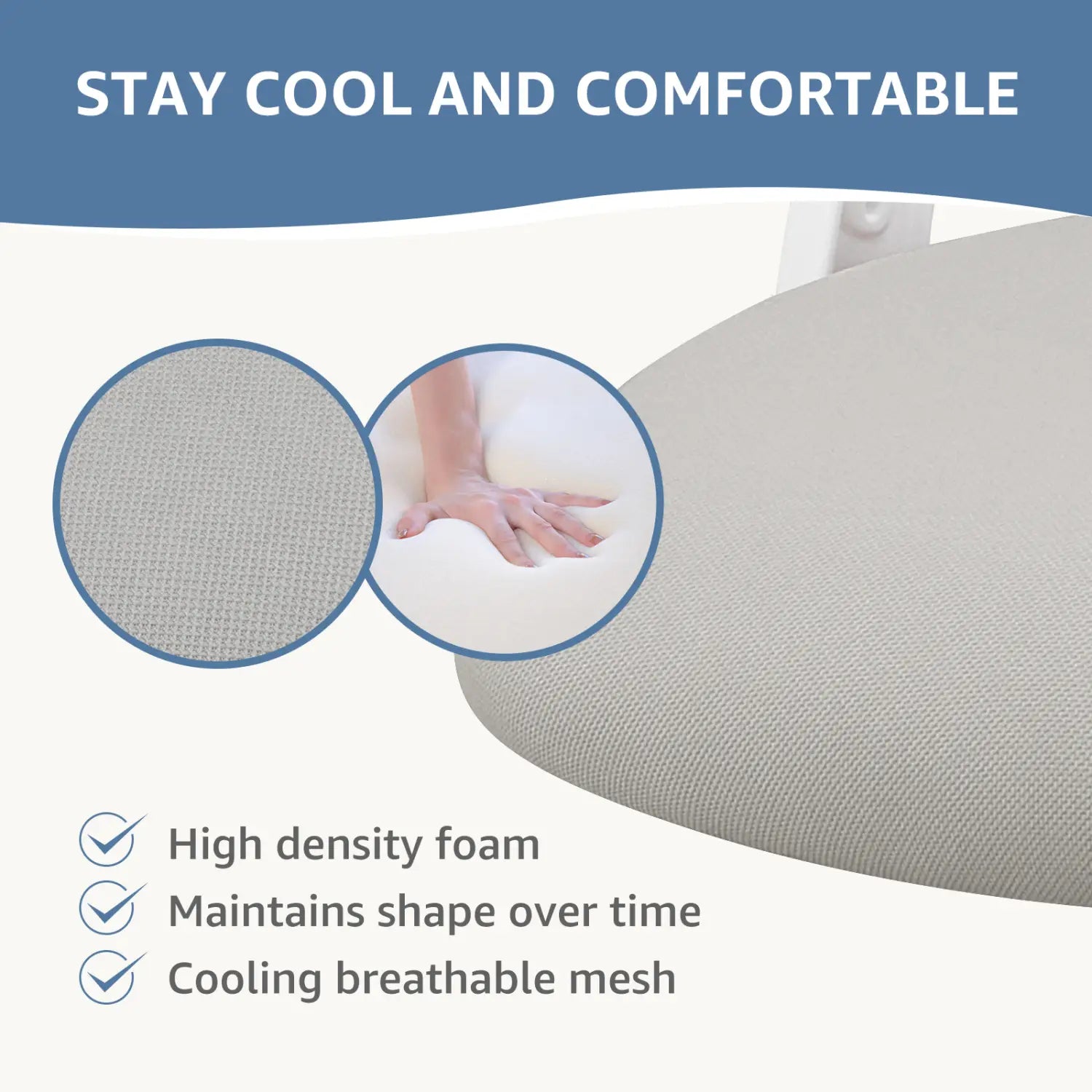 Coussin en mousse haute densité gris clair avec housse respirante rafraîchissante, présenté avec une chaise de bureau ergonomique en maille munie d’accoudoirs relevables.