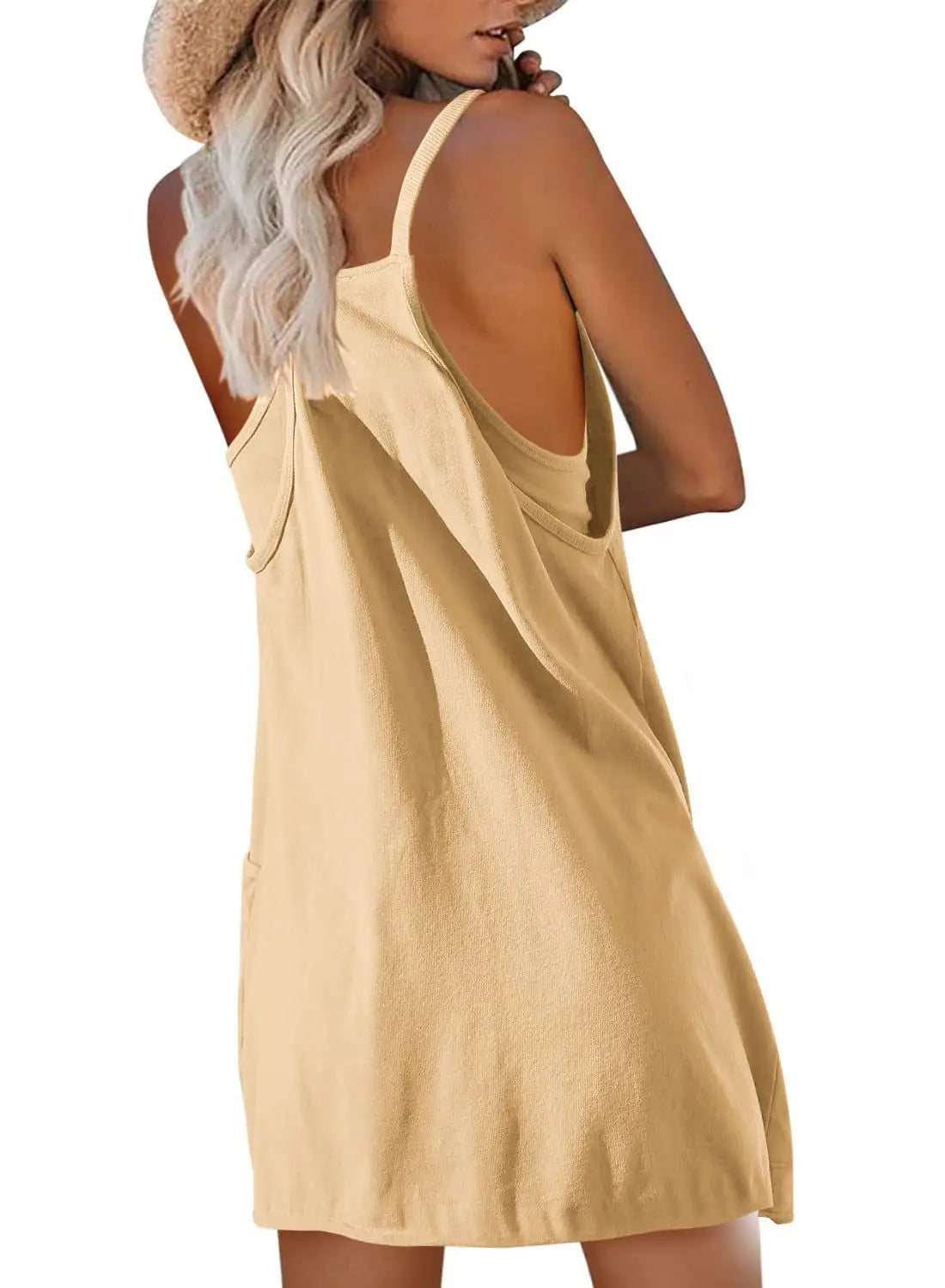 beige sleeveless casual romper and strap top set with thin straps and a relaxed flowing silhouette for women