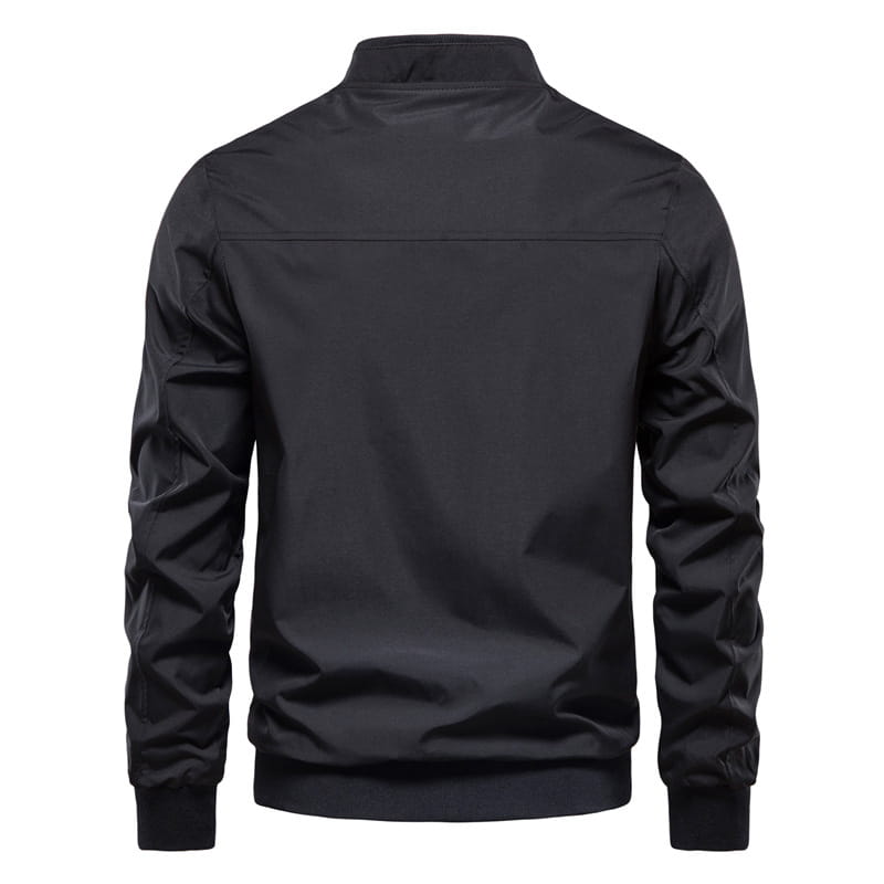 Men’s black nylon bomber jacket casual zip outerwear featuring a stand-up collar and ribbed cuffs.