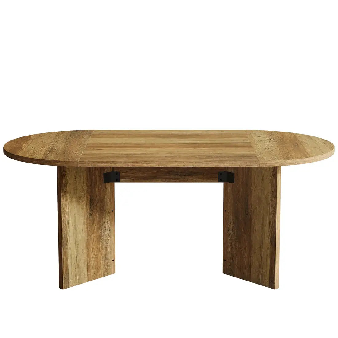 Table à manger ovale moderne en bois de 63 pouces, avec une finition en chêne clair et des pieds angulaires robustes reliés par des ferrures en métal noir, présentant une base sur piédestal rustique.
