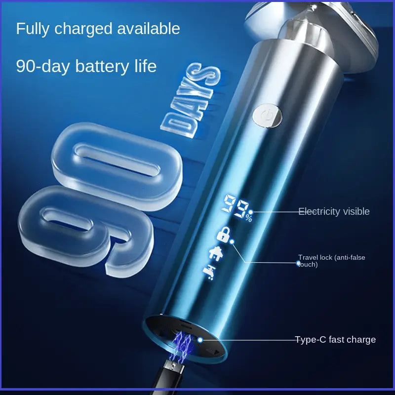 Rasoir électrique pour homme à triple tête, rasoir portable en argent métallique, au corps cylindrique élégant et avec un port de charge rapide type-c.