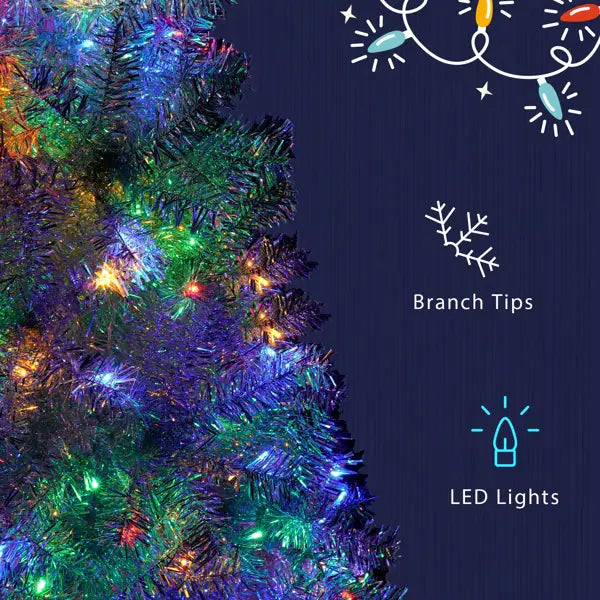 Silver pre-lit artificial Christmas tree featuring multi-colored LED lights with shimmering metallic green and blue branches.