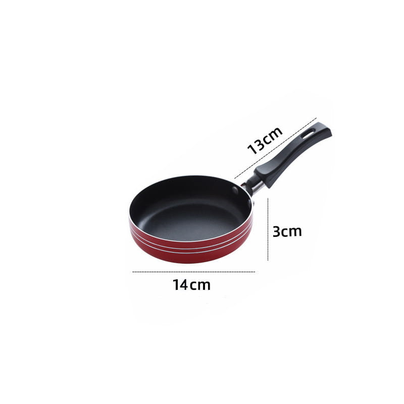 Red mini non-stick frying pan with aluminum construction, black handle, and two white stripes around the rim from the mini non-stick frying pan set aluminum cookware.