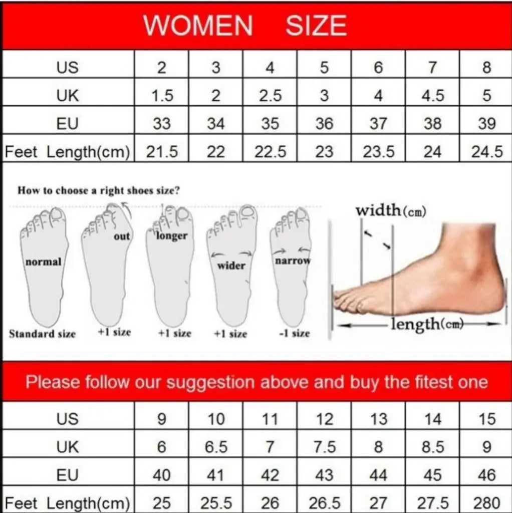 women’s chunky heel platform buckle sandals with non slip sole alongside a size chart displaying us uk and eu measurements with foot length guidelines