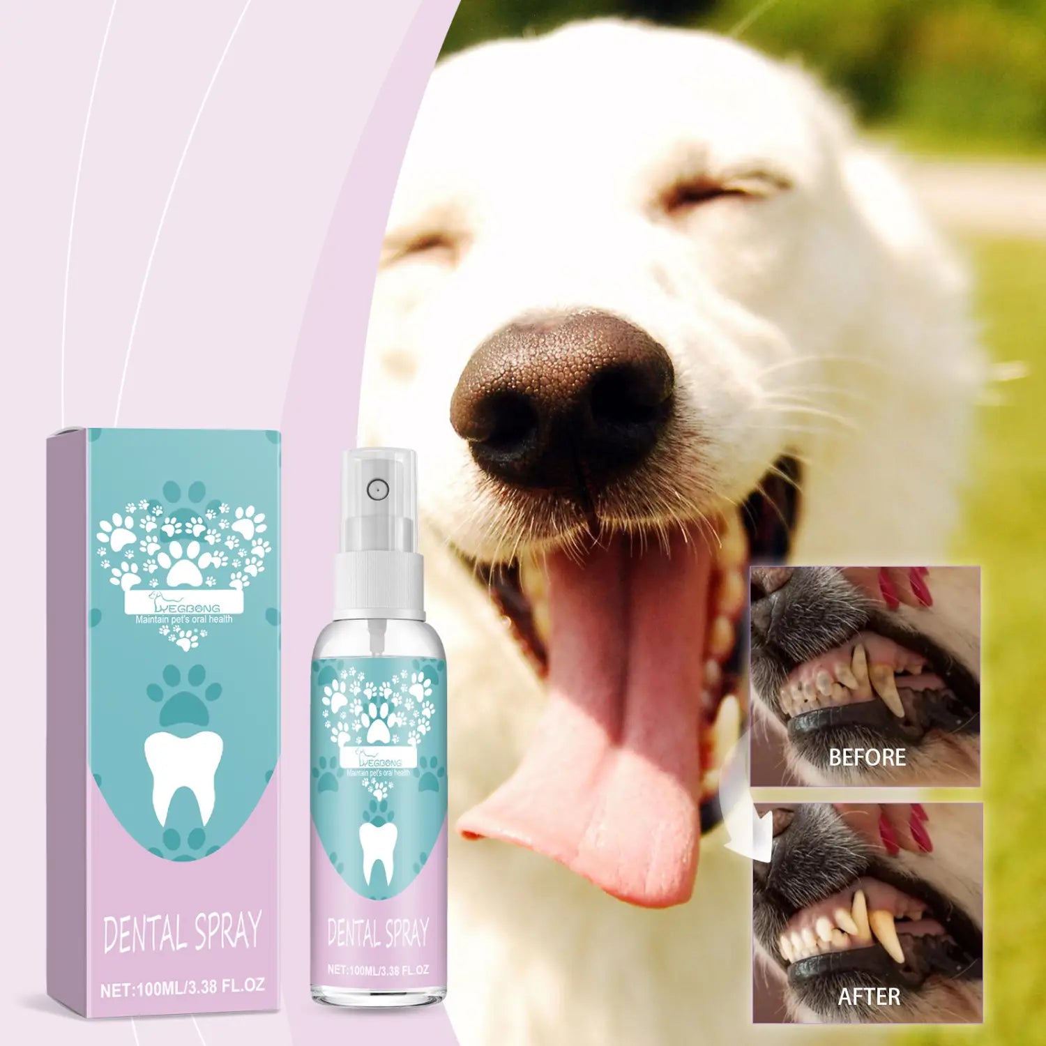 Un vaporisateur transparent doté d’une pompe blanche et d’une étiquette turquoise, avec des motifs d’empreintes de patte et de dents, contenant 100 ml de spray dentaire pour animaux de compagnie pour l’hygiène bucco-dentaire et le rafraîchissement de l’haleine.