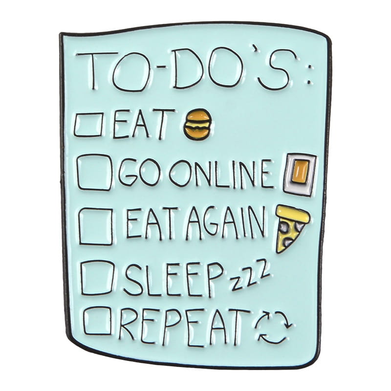 Light blue enamel pin shaped like a to-do list featuring black outlined text and food icons from the toothpaste smile enamel pin cartoon tooth brooch collection.