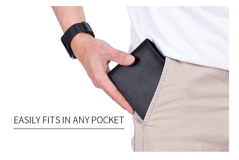Black leather men’s genuine leather bifold wallet with a sleek minimalist design and a coin pocket.