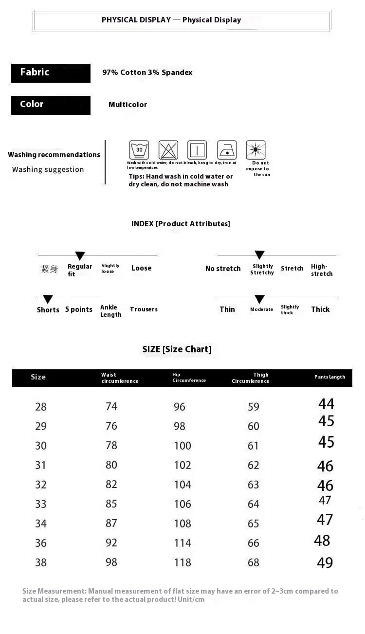 Men casual slim fit cargo shorts in multicolor stretchy 97 percent cotton and 3 percent spandex fabric with size chart details.