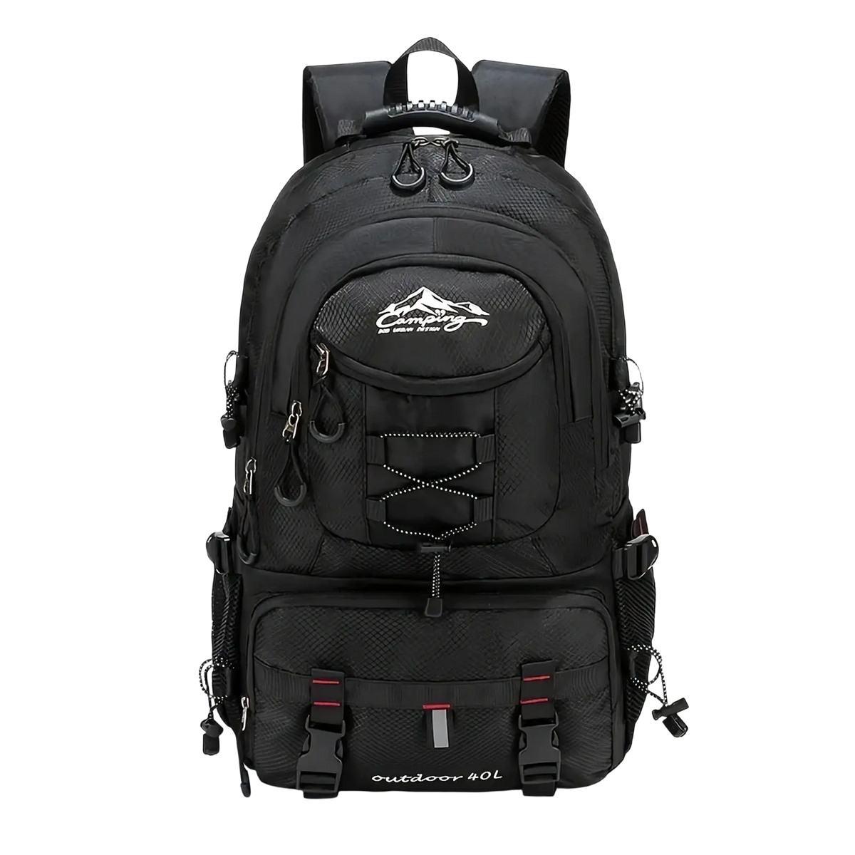 Black 40l tactical hiking backpack with mesh panels, reinforced straps, camping logo patch for outdoor use
