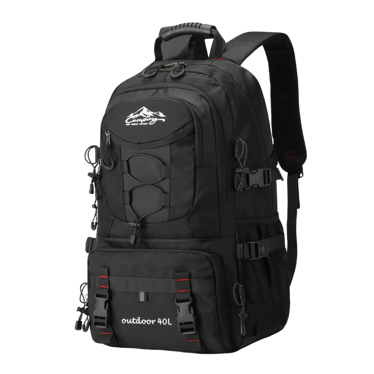 Black 40l tactical hiking backpack with waterproof material, mountain logo, and red accent stitching for outdoor use