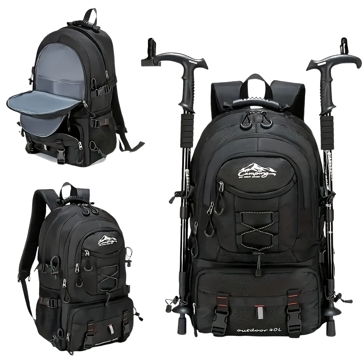 Black 40l tactical hiking backpack with reinforced stitching and mountain logo waterproof for outdoor use