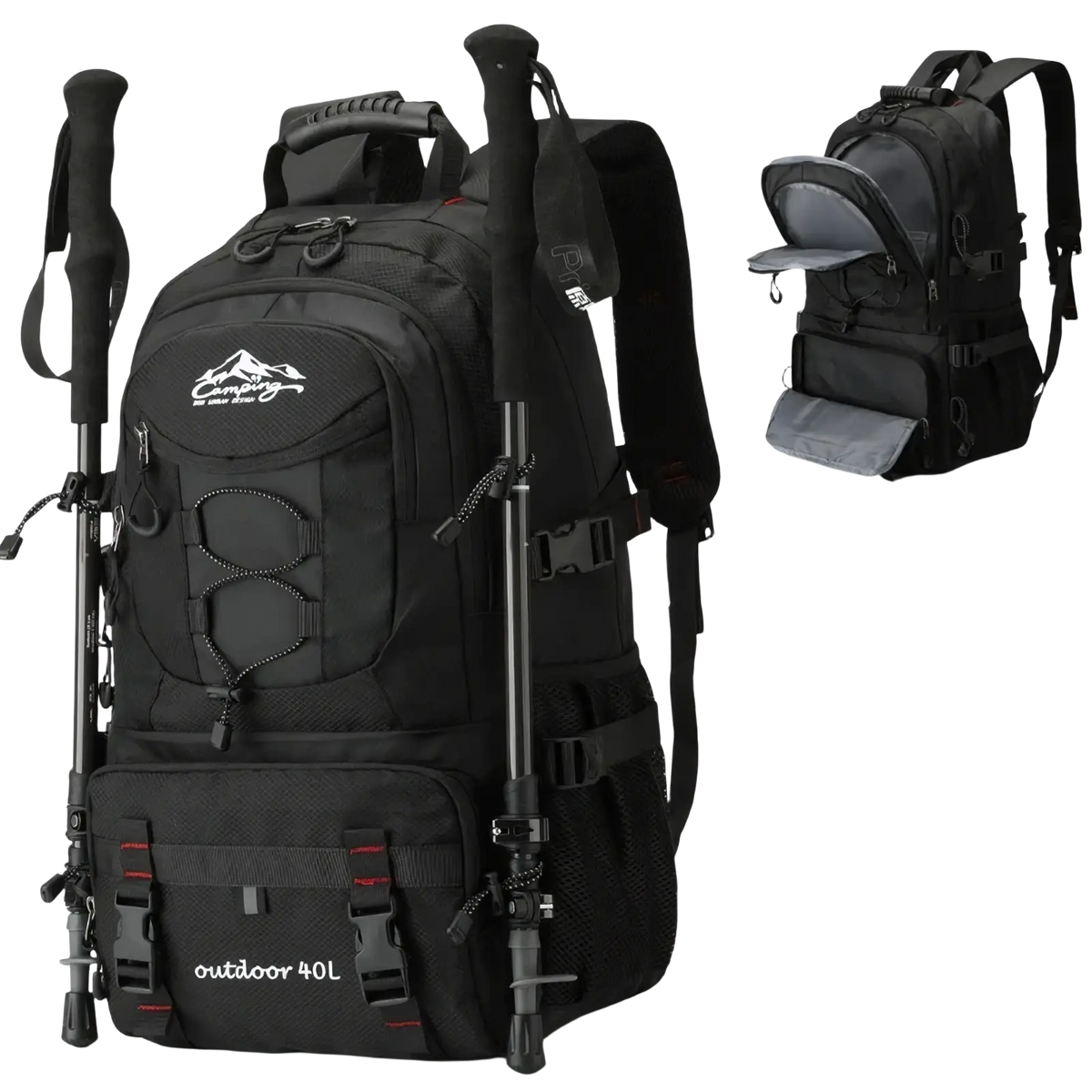 Black 40l tactical hiking backpack with waterproof material, reinforced stitching, and white mountain logo on the front