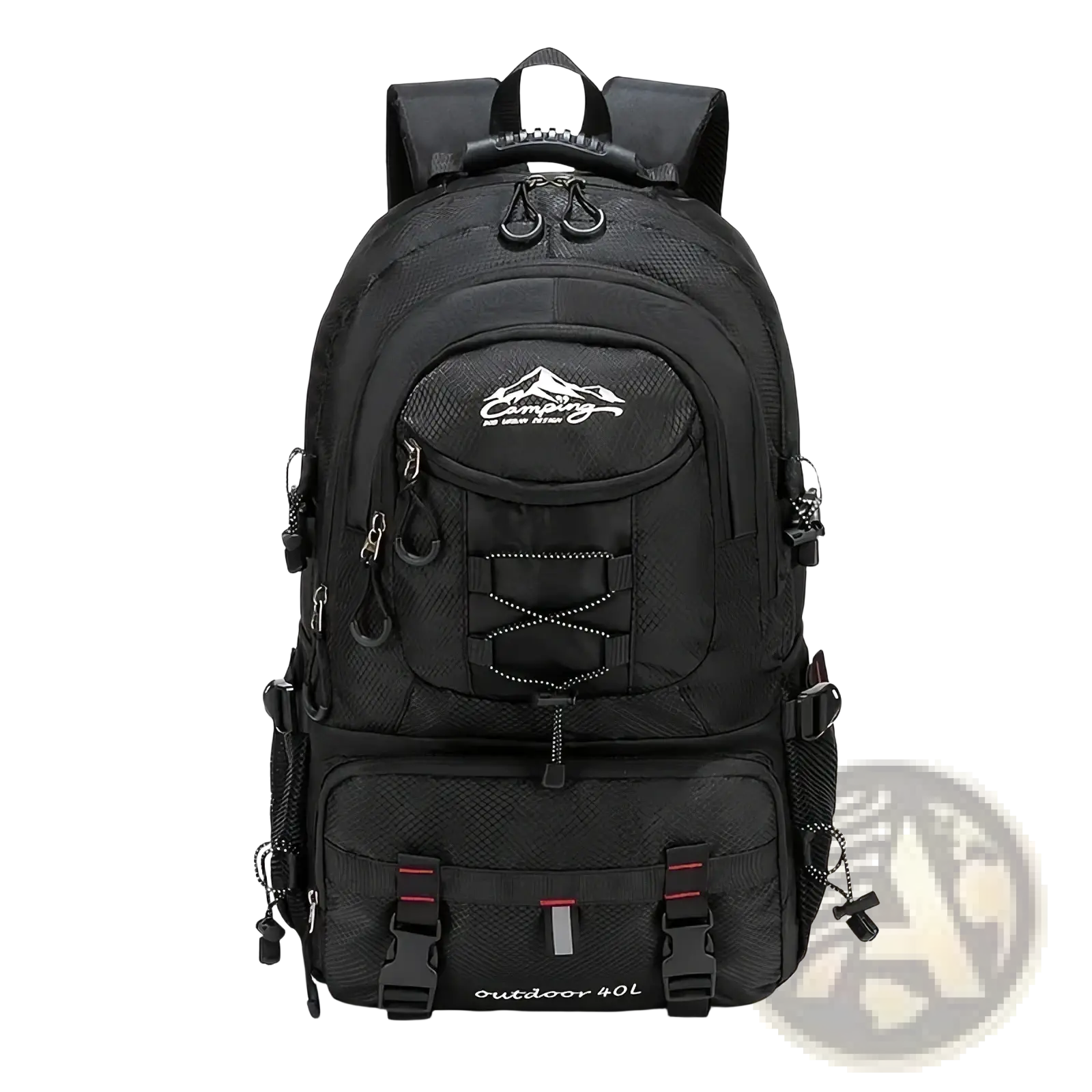 Black 40l tactical hiking backpack with mesh panels, reinforced straps, camping logo patch for outdoor use