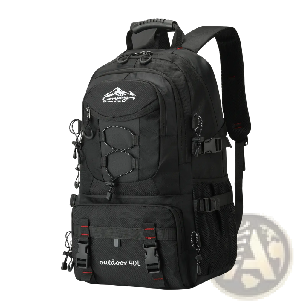 Black 40l tactical hiking backpack with waterproof material, mountain logo, and red accent stitching for outdoor use