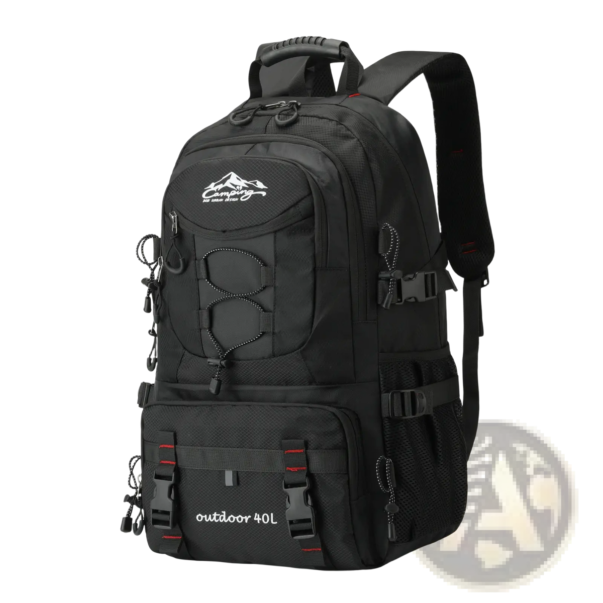 Black 40l tactical hiking backpack with waterproof material, mountain logo, and red accent stitching for outdoor use