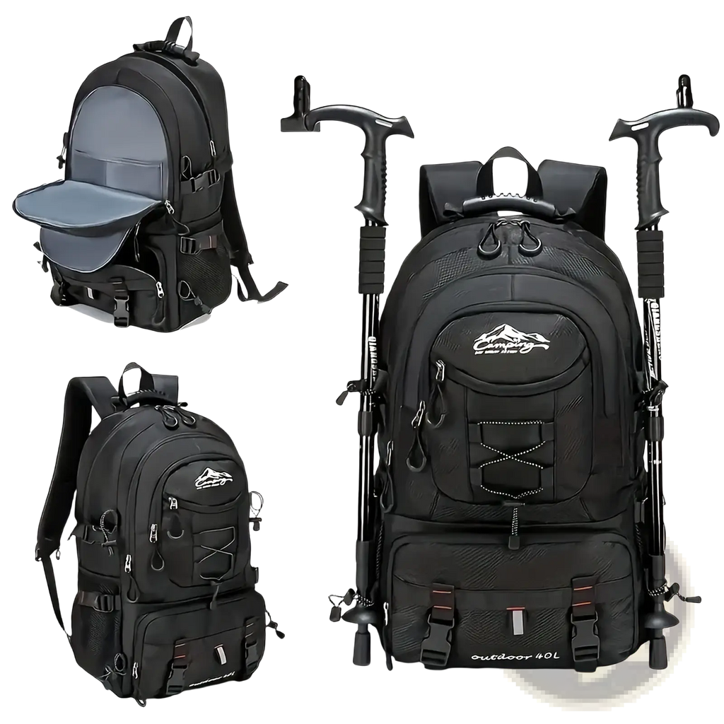 Black 40l tactical hiking backpack with reinforced stitching and mountain logo waterproof for outdoor use