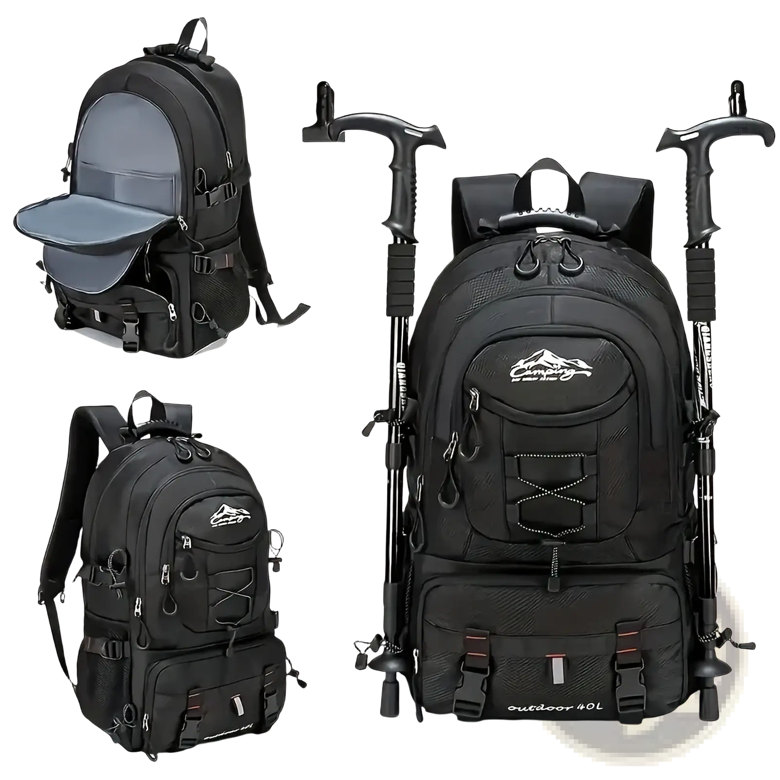 Black 40l tactical hiking backpack with reinforced stitching and mountain logo waterproof for outdoor use