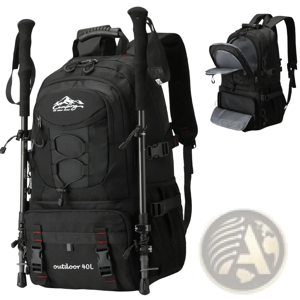 Black 40l tactical hiking backpack with waterproof material, reinforced stitching, and white mountain logo on the front