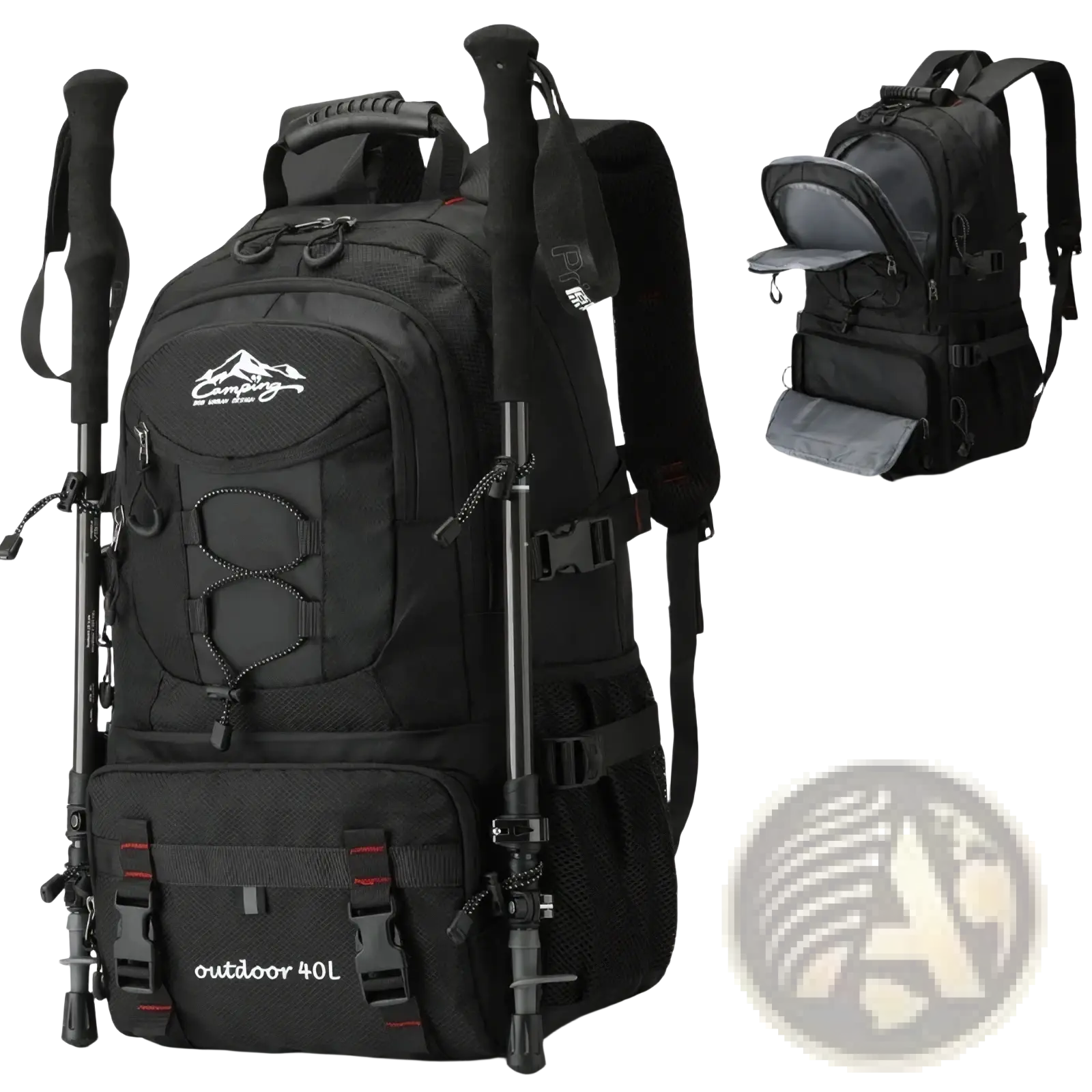 Black 40l tactical hiking backpack with waterproof material, reinforced stitching, and white mountain logo on the front