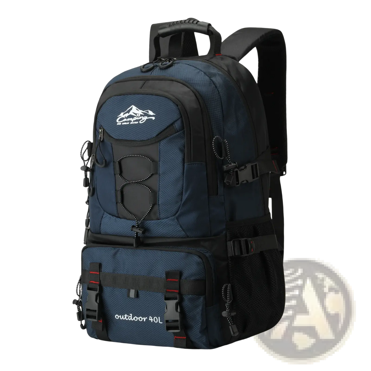 Dark blue and black 40l tactical hiking backpack with mountain logo waterproof outdoor bag featuring multiple compartments and adjustable straps
