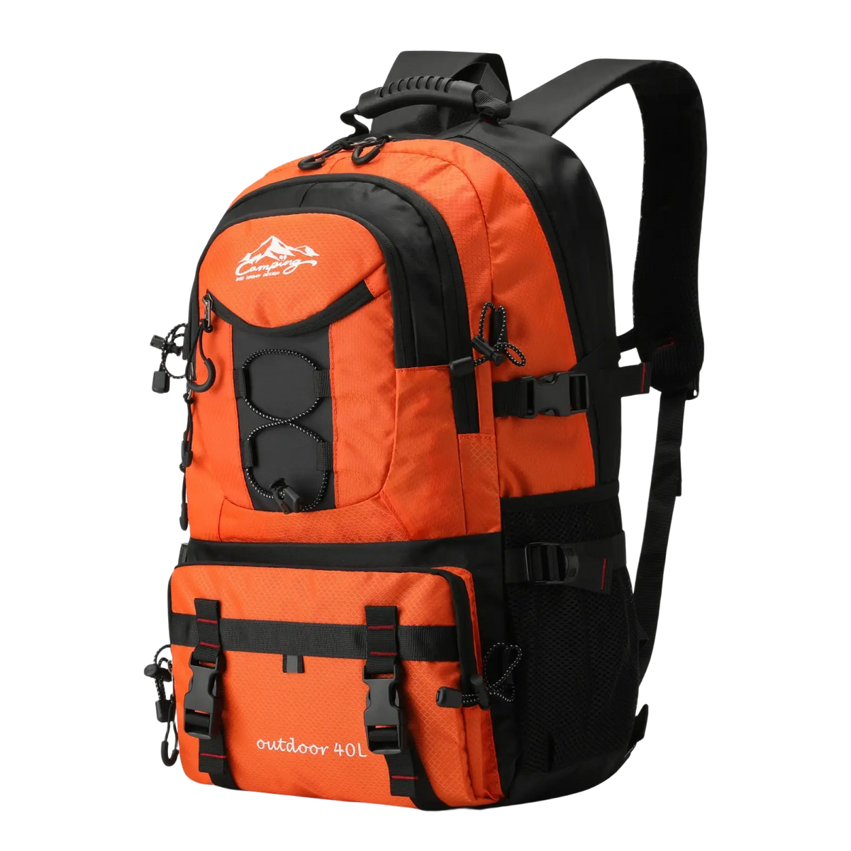 40l tactical hiking backpack in bright orange and black with durable fabric, multiple compartments, and adjustable straps