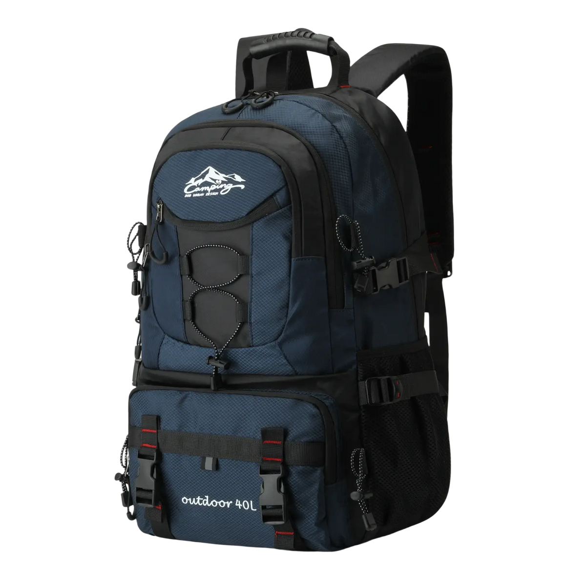 Dark blue and black 40l tactical hiking backpack with mountain logo waterproof outdoor bag featuring multiple compartments and adjustable straps