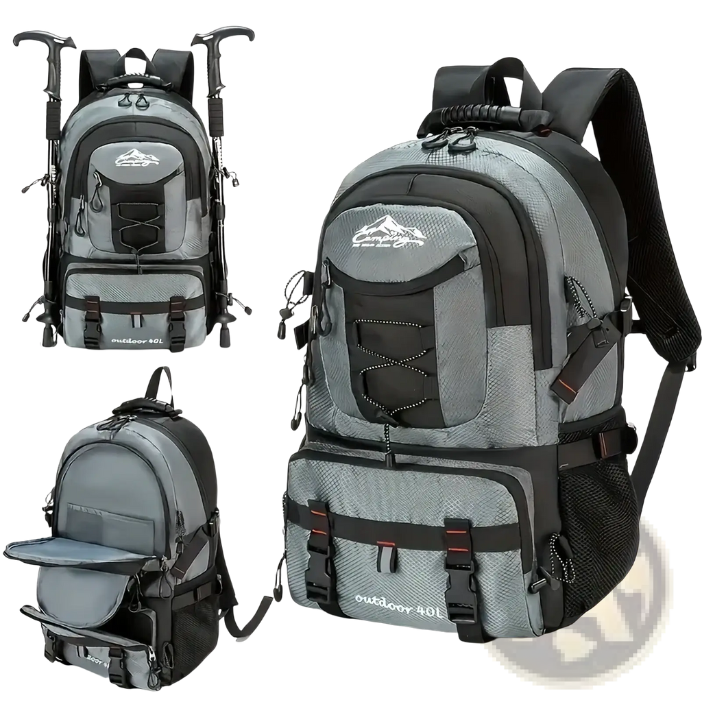 Gray and black 40l tactical hiking backpack with mesh panels adjustable straps and front pocket with mountain logo