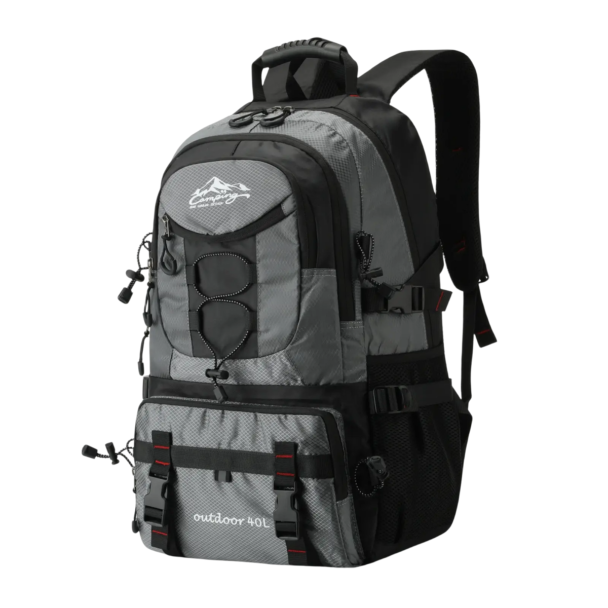 Gray and black 40l tactical hiking backpack with waterproof material and mountain logo on front pocket for outdoor use